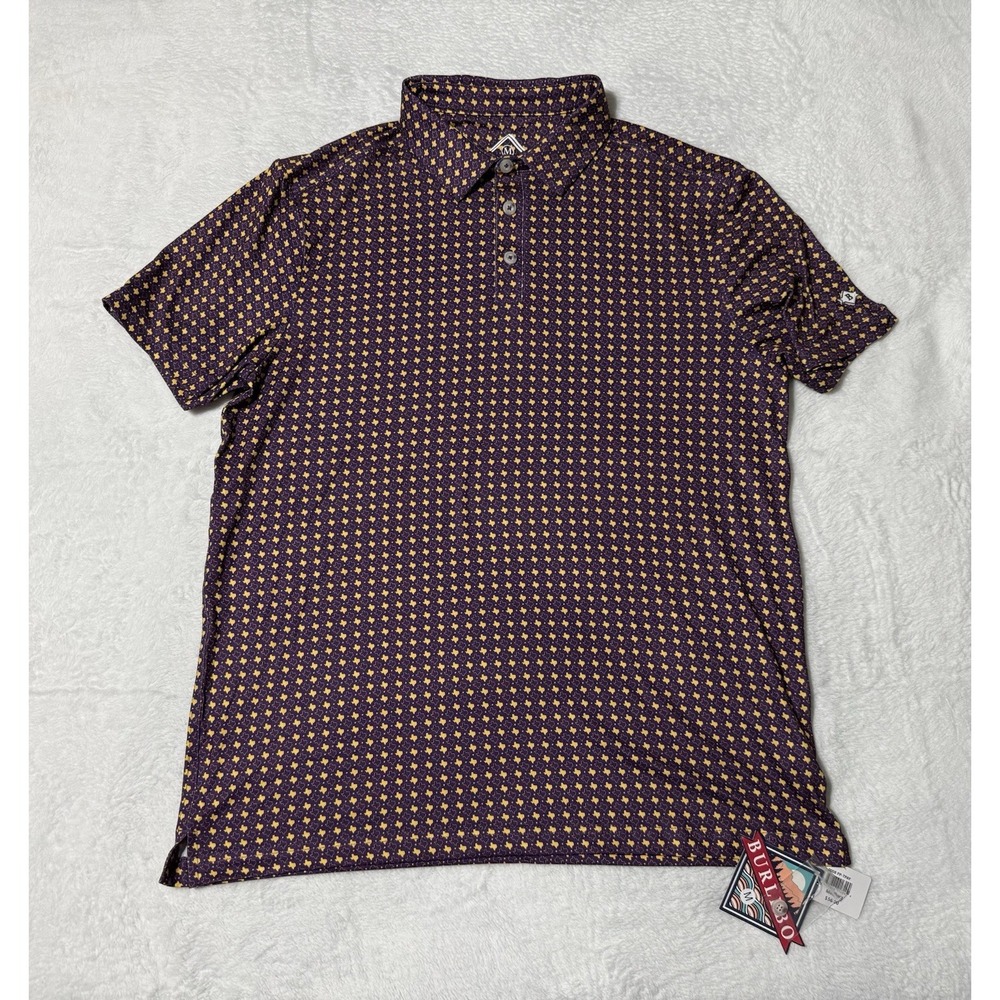 NWT Burlebo Performance Polo Shirt Mens Medium Purple Yellow Texas AOP Prin